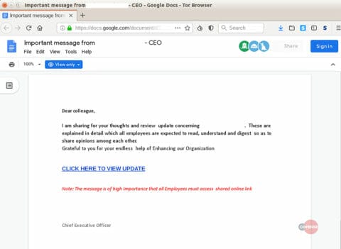 Online document phishing scam example