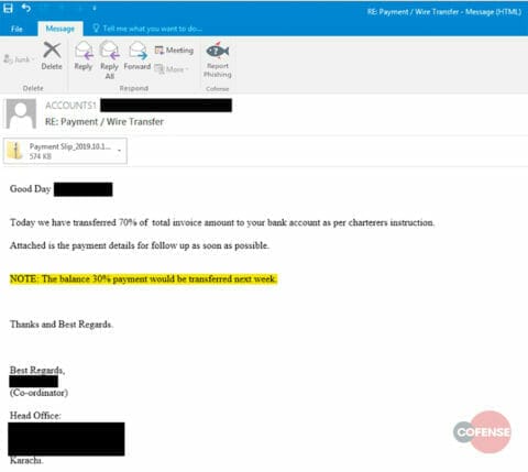 Screenshot of Agent Tesla email - Malware Alert