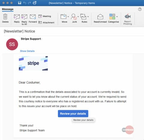 Image of a legitimate email used for comparison in phishing training