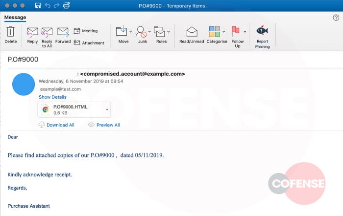 Cofense WM_EmailOfPhish - Screenshot of phishing email