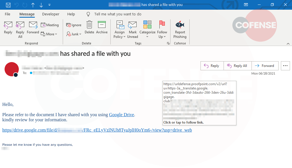 Cofense phishing simulation - example of email phishing attack - screenshot of email