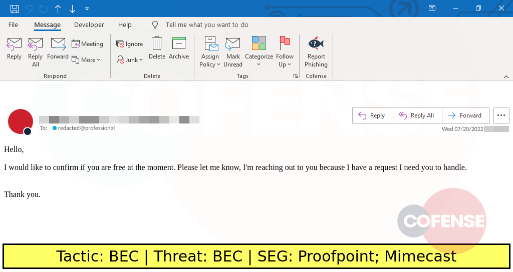 Screenshot of a phishing email targeting a Business Email Compromise - Cofense
