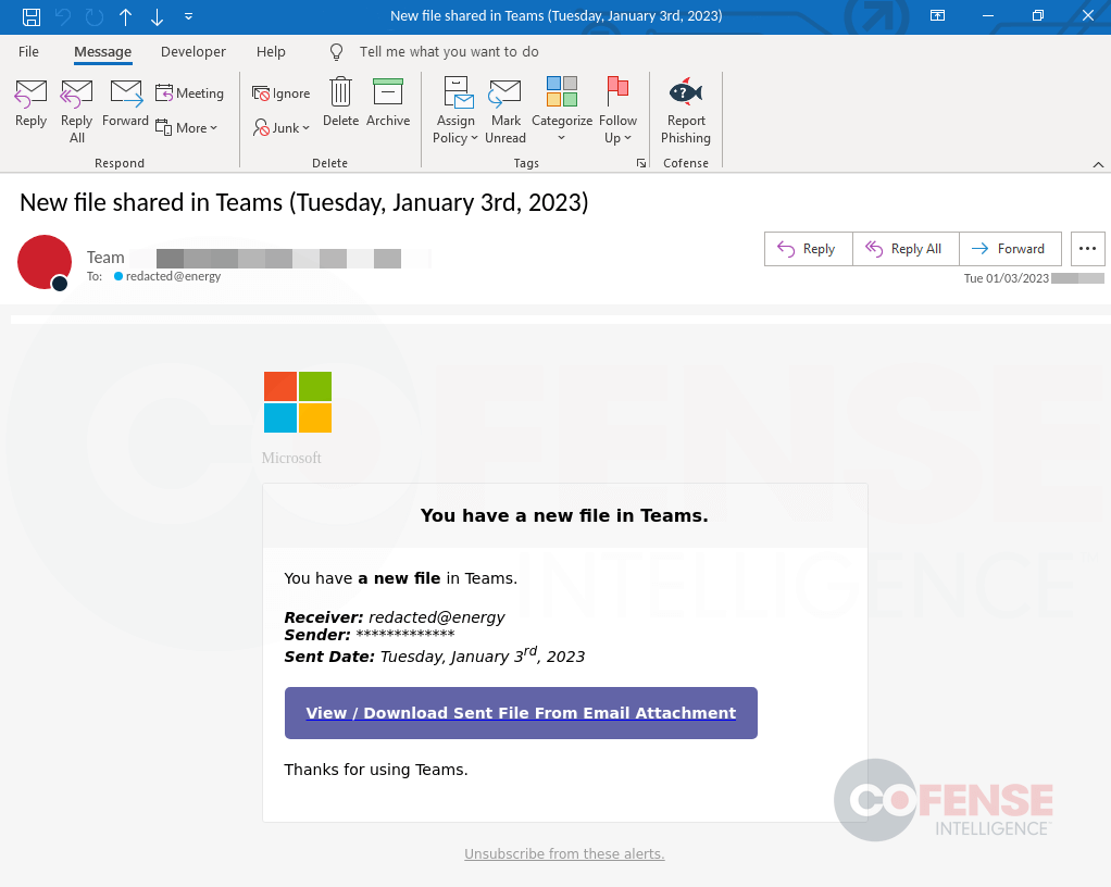 Example of a phishing email using a malicious link. 
