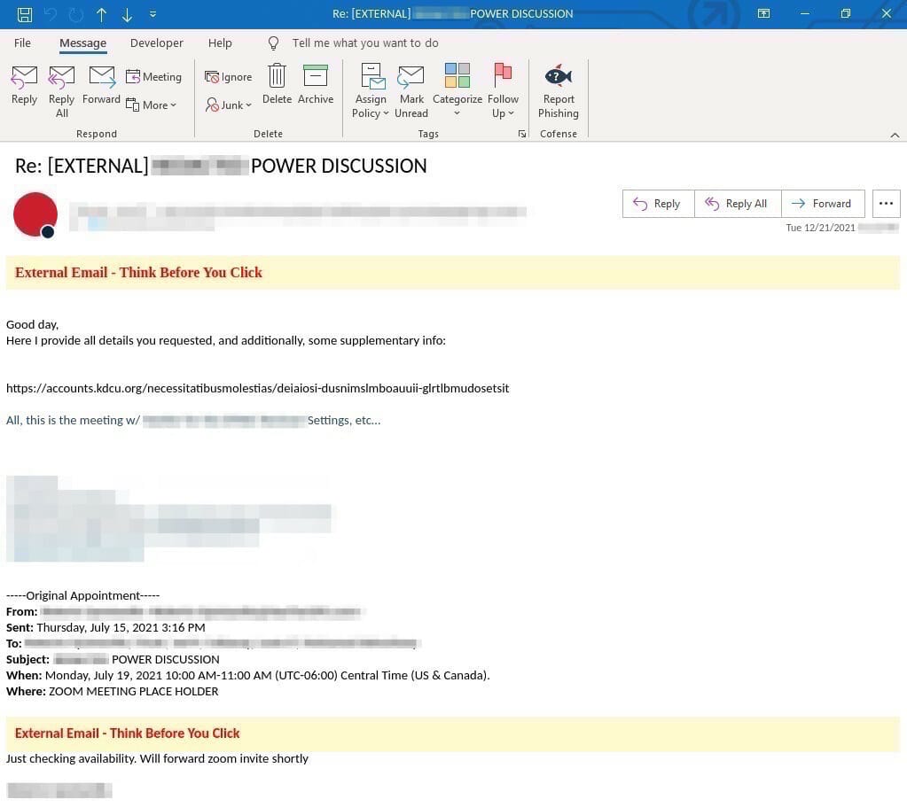Cofense Screenshot of suspicious email for phishing analysis
