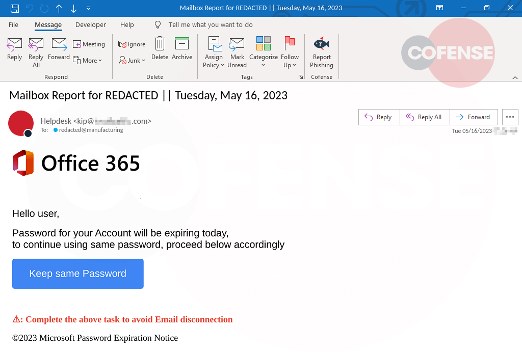 Figure 4: An email customized with the recipient’s email address (redacted) and the current date in the subject. 
