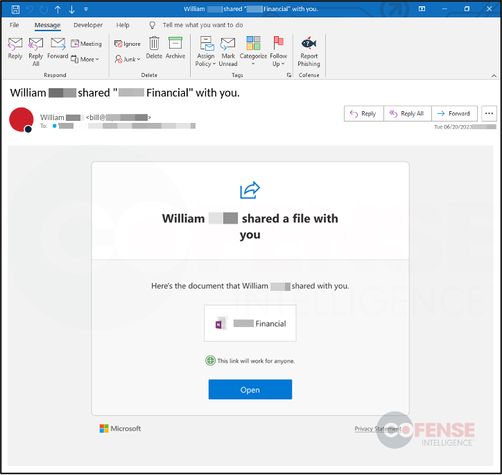 Figure 5: Example of phishing email that used Google AMP with a clickable HTML image. 